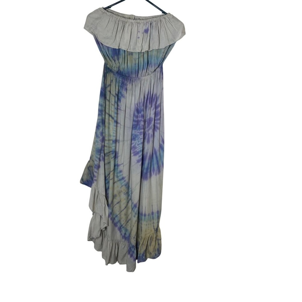 Tie Dye Off Shoulder Hi Low Dress Blue Purple Ruffle Flowy Boho Festival OS - Picture 2 of 7